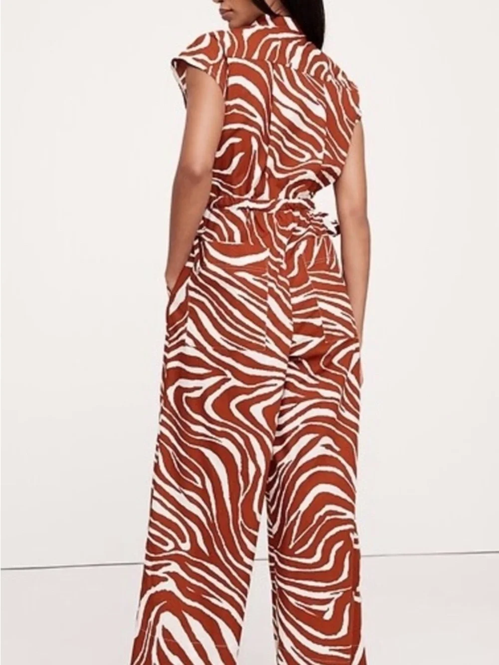 Effortlessly stylish! Banana Republic rust Zebra-Print Wide-Leg cropped jumpsuit